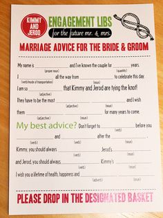 a marriage advice card for the bride and groom on a wooden table with text that reads, engagement libs marriage advice for the bride & groom