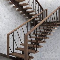 a set of wooden stairs in front of a white brick wall with wood handrails