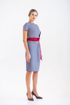 "A beautiful gray dress is featuring an asymmetrical design, pencil silhouette, and a midi length. - fitted pencil silhouette - asymmetrical blouson bodice - short cap sleeves - midi (knee length) skirt - concealed side seam closure - velvet belt included (you may choose red or black) Fiber: 55% viscose, 40% polyester, 5% elastane Color: gray For size S: length- 40,5\" (101 cm) Our model wears size S (US 8) and is 171cm/5'6\" tall. You may feel free choosing the size. Just send us your measureme Asymmetric Dresses, Skater Dresses Casual, Mandarin Dress, Pencil Midi Dress, Summer Cocktail Dress, Velvet Belt, Pencil Silhouette, Red Or Black, Midi Pencil Dress