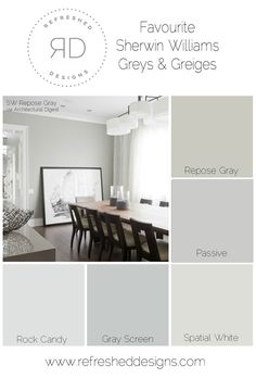 the color scheme for this dining room is gray and white