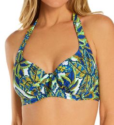 Ecstatic color gives this cute tropical floral swim top an upbeat look. Made of polyamide and elastane. Seamless underwire cup with supportive swim mesh lining and side support panel. Bra-sized options help you find the right fit! Neckline features covered elastic to maintain fit. Center - arched center panel with knotted tie at top. Covered elastic along front underside helps swim top stay close to you. Sides and back are stretch microfiber with upper and lower edge covered elastic. Halter stra Tropical Green Underwire Swimwear, Green Tropical Underwire Swimwear, Tropical Underwire Tankini For Pool, Tropical Underwire Tankini For Sunbathing, Tropical Swimwear With Removable Bra Pads For Sunbathing, Tropical Multicolor Swimwear With Padded Cups, Tropical Swimwear With Removable Pads For Sunbathing, Tropical Swimwear With Built-in Bra And Underwire, Tropical Swimwear With Padded Cups For Swimming