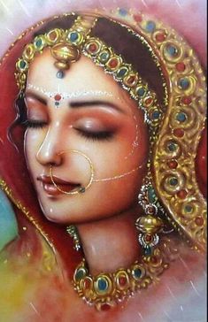 a painting of a woman's face with gold jewelry on her forehead and nose