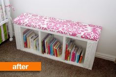 there is a book shelf with books on it and a crib in the corner