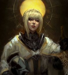 a painting of a woman with blonde hair wearing a black outfit and holding a cross