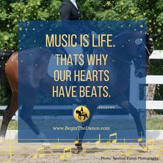 a man riding on the back of a brown horse next to a blue sign that says music is life that's why our hearts have beats