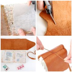 the process of making a leather wallet with scissors and tape is shown in four different pictures