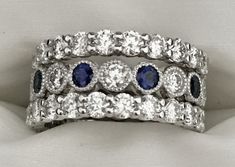 Congrats to one more lucky girl on her wedding! Three stackable diamond and sapphire eternity rings shared prong and bezel style. #married #engaged #diamonds #chicagocustomjewelry Sapphire Eternity Ring, Eternity Rings, Unique Diamond Rings, Lucky Girl