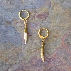 +Gold Dangling Earrings + Small Hoop Closure + Made with real coyote teeth +Light and Delicate +Handmade in San Francisco, California, USA Cat Teeth Jewelry, Nickel Free Brass Dangle Huggie Earrings, Nickel-free Brass Dangle Huggie Earrings, Oddities Art, Animal Bone Jewelry, Teeth Earrings, Better Fashion, Na'vi Oc, Taxidermy Jewelry