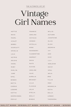 the ultimate list of vintage girl names in black and white, with text that reads