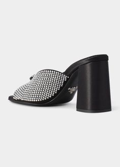 Luxury Embellished Mules For Party, Embellished Leather Mules For Party, Luxury Embellished Mules For Evening, Luxury Embellished Evening Mules, Glamorous Sandals With Branded Insole, Embellished Leather Mules For Evening, Evening Embellished Leather Mules, Designer Party Mules With Branded Heel Counter, Designer Mules With Padded Heel For Party