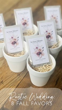 four small white bowls filled with food on top of a wooden table and the words rustic wedding 8 fall favors