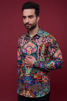 Brown Cotton Satin Digital Printed Shirt Design by Siddhartha Bansal Men at Pernia's Pop Up Shop 2023 Brown Shirt, Stylish Shirts, Shirt Jacket