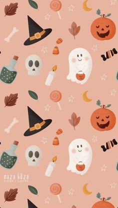 a pink background with halloween themed items on it