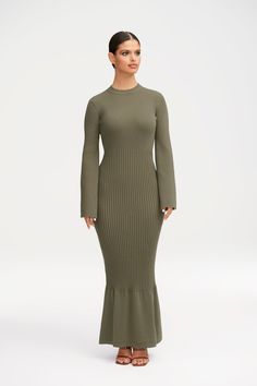 Kourtney Ribbed Knit Maxi Dress - Dark Forest Clothing Veiled Tie Waist Maxi Dress, White Dress Formal, Nikkah Dress, Modesty Outfits, Ribbed Maxi Dress, Maxi Dress Outfit, Knit Maxi Dress, Flare Sleeves, Modest Clothing