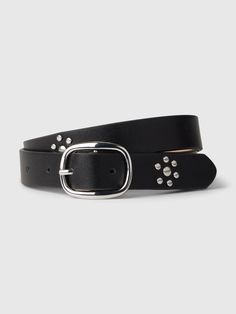 Smooth vegan leather belt.  Oval buckle.  Allover studs.  For more fit and sizing info, check out our Size Guide.  Width: 0. 82" Length Size S): 29" Kids Studs, Studded Belt, Belt Black, Gap Kids, Black Belt, Leather Belt, Size Guide, Vegan Leather, Gap