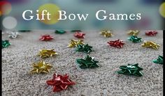 the words gift bow games are overlaid with small stars on a carpeted surface