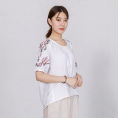 High Low Hem Embroidered Plants Loose T-Shirt - rrdeye Casual Embroidered Crew Neck Top, Relaxed Fit Floral Embroidery Tops With Crew Neck, Casual Embroidered Short Sleeve Top For Spring, Embroidered Half-sleeve Tops For Spring, Relaxed Fit Floral Embroidered Crew Neck Tops, Casual Short Sleeve Embroidered Summer Top, Relaxed Fit Crew Neck Tops With Floral Embroidery, Embroidered Half Sleeve Cotton Tops, Casual Floral Embroidered Short Sleeve Blouse