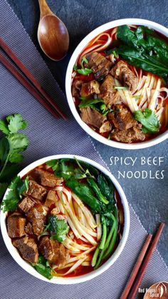 two bowls filled with meat and noodles next to chopsticks on top of a table