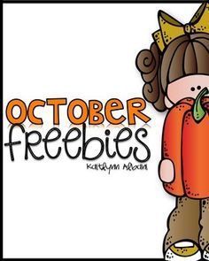 a girl holding an apple with the words october freebies