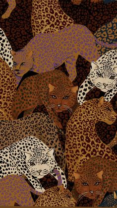 a group of leopards with different colors and sizes are depicted in an artistic pattern