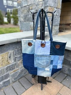 Everyday Recycled Denim Shoulder Bag, Upcycled, Upcycled Recycled Denim Tote Shoulder Bag, Casual Patchwork Tote Shoulder Bag, Blue Recycled Denim Hobo Bag, Blue Hobo Bag In Recycled Denim, Blue Hobo Bag Made From Recycled Denim, Casual Blue Patchwork Bag, Medium Wash Cotton Shoulder Bag For Travel, Casual Travel Shoulder Bag Made Of Recycled Materials