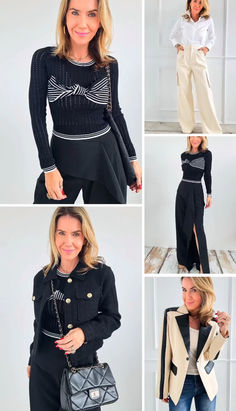 four photos of different women in black and white outfits, one is wearing a jacket