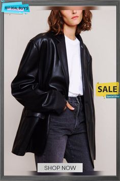 Women's Leather Jacket Loose Jacket Long Sleeve Blazer Sleek Fall Outerwear With Pockets, Single Breasted Biker Jacket For Work And Fall, Single-breasted Biker Jacket For Spring Workwear, Classic Fall Biker Jacket For Work, Sleek Leather Jacket With Pockets For Fall, Fall Business Biker Jacket, Business Biker Jacket With Lapel Collar For Fall, Leather Long Sleeve Blazer For Fall, Fall Workwear Leather Long Jacket