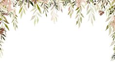 watercolor flowers and leaves are arranged in the shape of a border on a white background