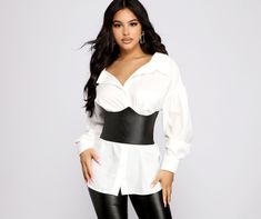 Showcase your chic style in this sleek faux leather corset belt. It features a curved under-the-bust design with a smooth faux leather finish. Pair this belt over an oversized button-down top with biker shorts for a trendy 'fit.Fit & Features Corset belt Curved under-the-bust design PU material Chic Corset Belt For Night Out, Chic Belted Corset Belt For Night Out, Chic Corset Belt For Night Out In Fall, Chic Fall Corset Belt For Night Out, Trendy Fitted Corset Belt For Fall, Trendy Spring Corset Belt For Night Out, Leather Corset Belt, Dressy Attire, Trendy Fits