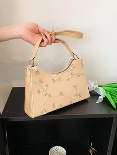 BirdinBag - PU Baguette Bag with Elegant Floral Embroidery Embroidery Bird, Baguette Bag, Pretty Bags, Elegant Floral, Bag Bag, Bird In Bag, Floral Embroidery, Polyester Material, Top Handle