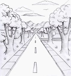 a drawing of a road with trees and mountains in the background