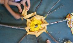 a person sitting on the ground with some bananas in a basket and other items around them