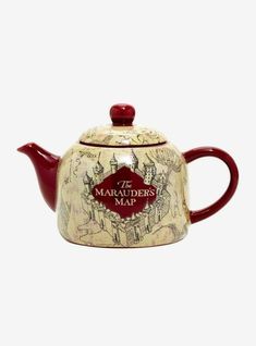 a teapot with the words maraadder's map on it and a red handle