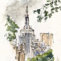 a drawing of the empire building in new york city, with trees and buildings around it