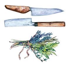 two knives are sitting next to each other on a white surface with green and blue leaves