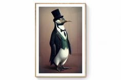 a penguin wearing a top hat and green vest with a bow tie standing in front of a brown background