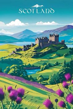 the scottish countryside is depicted in this poster