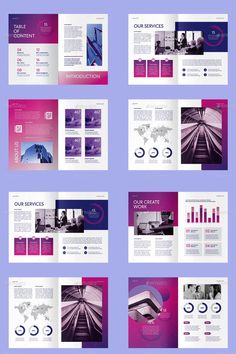 a purple and pink brochure is shown in this image, it shows the different sections