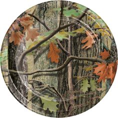 an image of a plate with leaves on the tree branches in camo print pattern