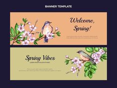 two horizontal banners with birds and flowers on them for spring or springtime design elements