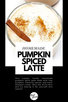 an advertisement for pumpkin spiced latte with cinnamon sticks in the bowl next to it