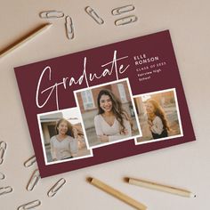 graduation announcement card with three photos and pencils next to it on a white surface