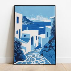 a blue and white painting on a wall next to a wooden floor with a plant