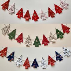 three different types of paper christmas trees on a white background and one is red, green, blue and silver