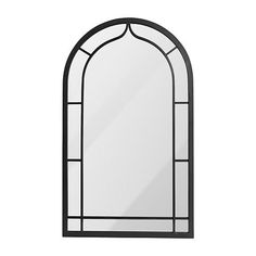 an arched window with a black frame on a white background and the reflection of it