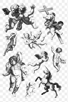 an image of angels and cherubs in black and white, with transparent background