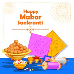 happy makar sanki with colorful kites and sweets