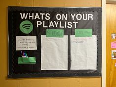 a bulletin board with notes on it that says whats on your playlist