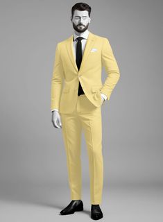 A bold take on wool suits, our Napolean Yellow Wool suit style helps create a slender silhouette while also remaining comfortable and versatile. Crafted from wool blend, the yellow hue adds a certain air of imagination and fun to the whole piece while still looking cool and masculine. Pair it with a matching waistcoat, a white shirt and tanned shoes for a dapper finish.  Look Includes   Napolean Yellow Wool Fabric  Two Button Jacket Style  Notch Lapel  Corzo Beige Buttons  Single Vent  Three Cuff Buttons  Two Welted Back Pockets on Trousers    Click 'Customize Now' to modify the look if needed.   Lining: Viscose, Dry Clean, Pants can be lightly washed. Yellow Fitted Suit For Formal Occasions, Yellow Fitted Blazer For Formal Occasions, Yellow Fitted Formal Suits, Yellow Fitted Formal Blazer, Fitted Yellow Formal Blazer, Yellow Notch Lapel Suit For Work, Yellow Notch Lapel Suit For Formal Occasions, Yellow Notch Lapel Suits For Work, Yellow Notch Lapel Suits For Formal Occasions