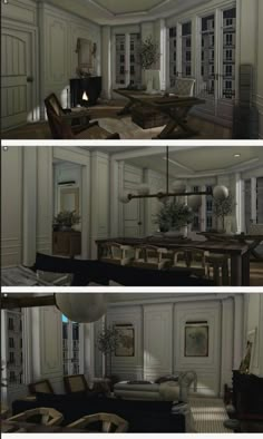 three different views of a living room and dining room